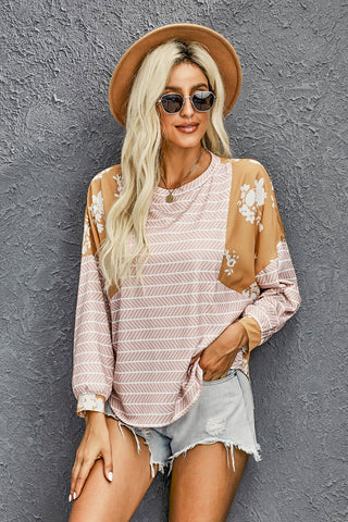 Striped Floral Splicing Lantern Sleeve Top