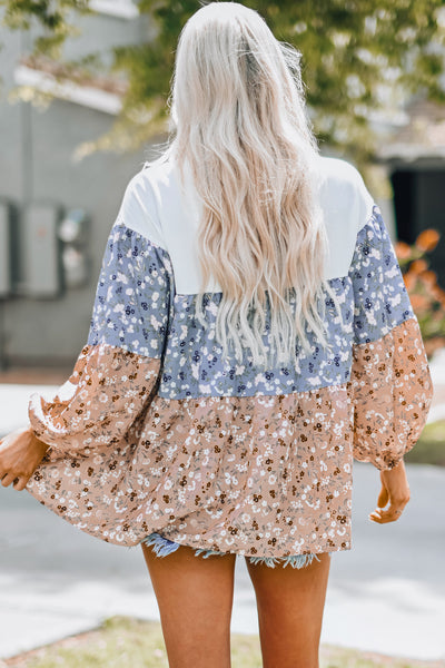 Floral Color Block Round Neck Babydoll Top