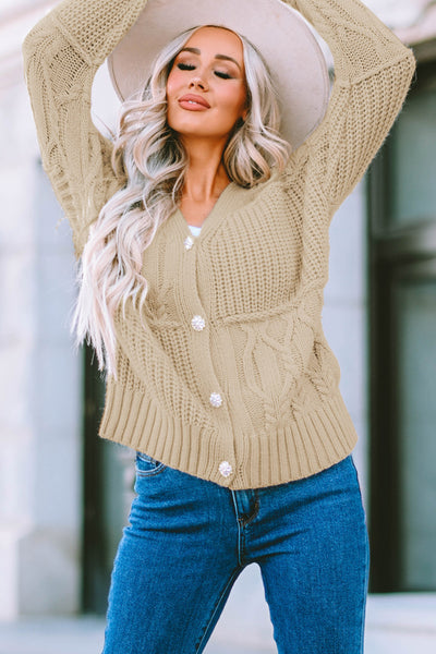 Mixed Knit Rhinestone Button V-Neck Cardigan