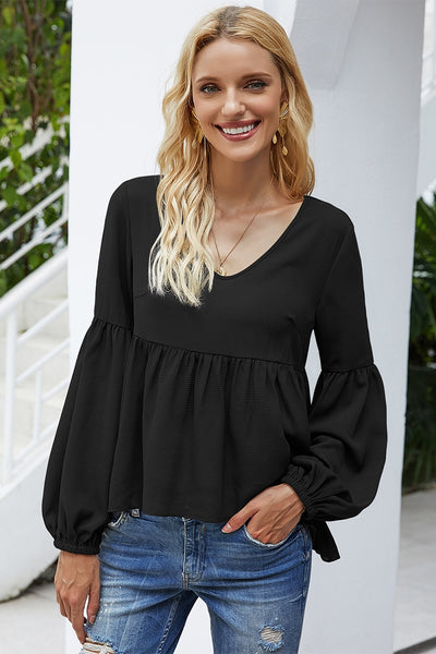 Scoop Neck Loose Peplum Solid Top Black