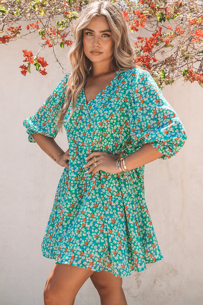 Floral Three-Quarter Balloon Sleeve Dress