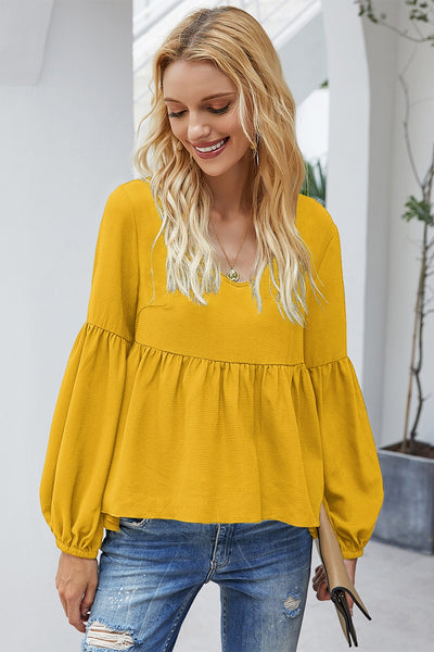 Scoop Neck Loose Peplum Solid Top Mustard