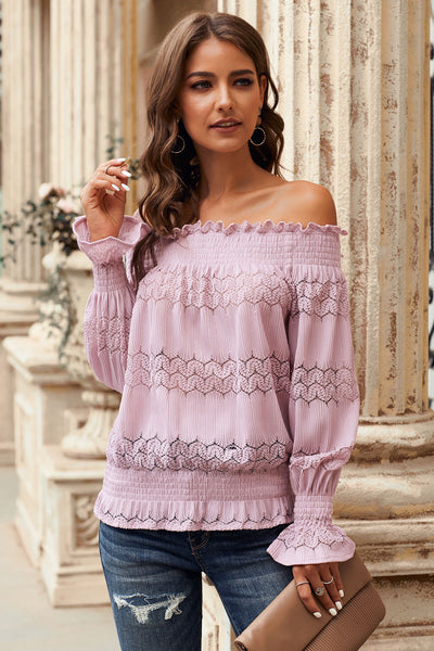 Off Shoulder Smocked Long Sleeve Blouse