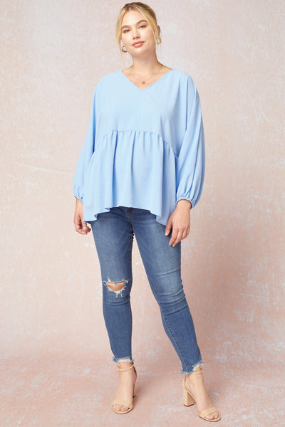 Plus Size Baby Blue V-Neck Babydoll Top