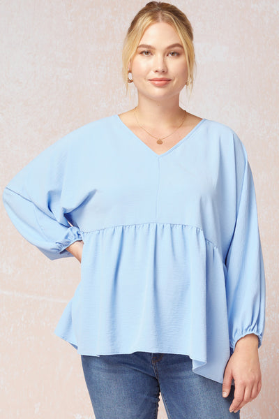 Plus Size Baby Blue V-Neck Babydoll Top