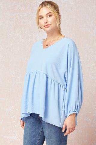 Plus Size Baby Blue V-Neck Babydoll Top