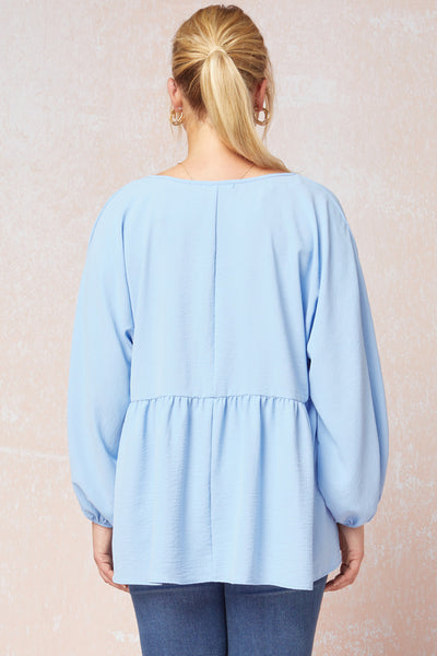 Plus Size Baby Blue V-Neck Babydoll Top