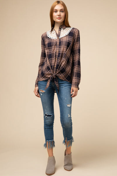Navy Plaid Button Up Top Tie Front with Lace Detail