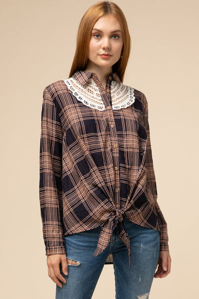 Navy Plaid Button Up Top Tie Front with Lace Detail