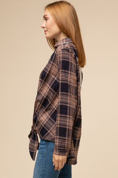 Navy Plaid Button Up Top Tie Front with Lace Detail