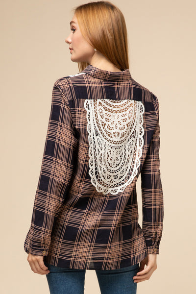 Navy Plaid Button Up Top Tie Front with Lace Detail