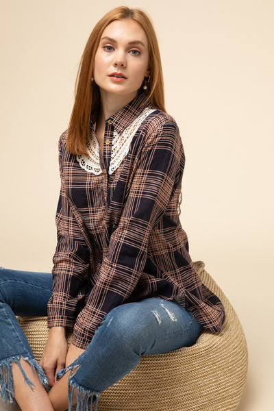 Navy Plaid Button Up Top Tie Front with Lace Detail
