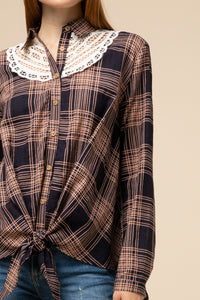 Navy Plaid Button Up Top Tie Front with Lace Detail