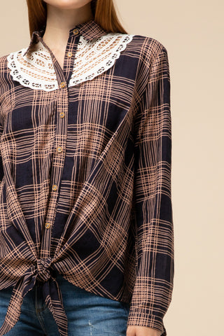 Navy Plaid Button Up Top Tie Front with Lace Detail