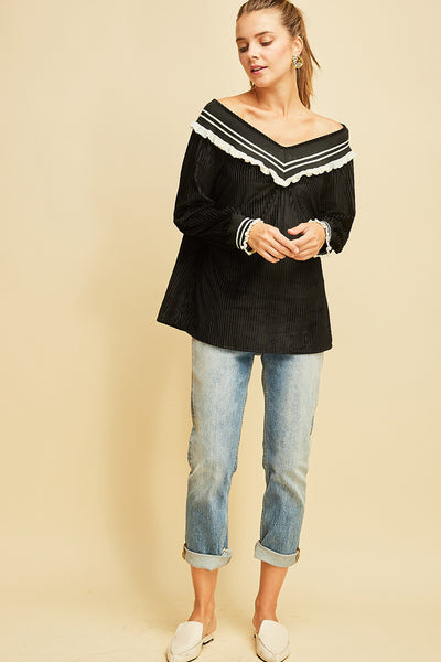 Black V Neck Velvet Top
