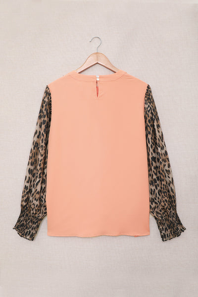 Leopard Puff Sleeve Spliced Top