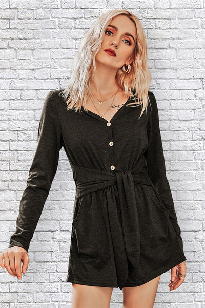 Black Button Down V Neck Solid Romper