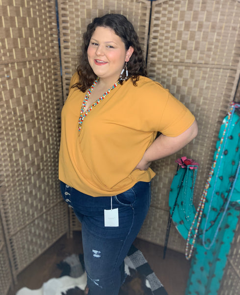 Plus Size Woven Dobby Layered Look Draped Front Top in Mustard