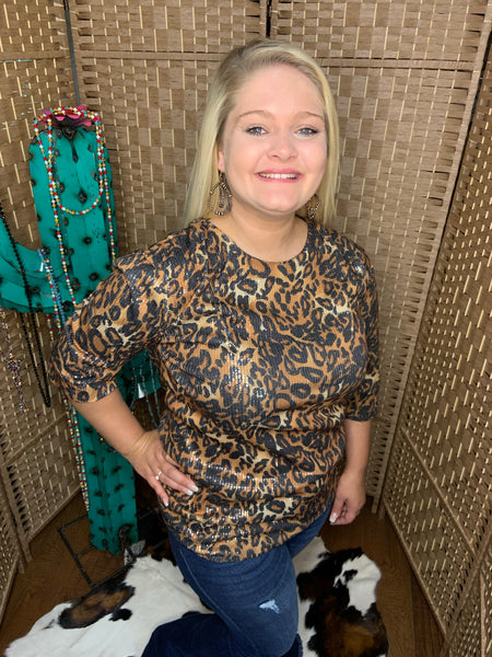 Leopard Sequin Short Sleeve Top