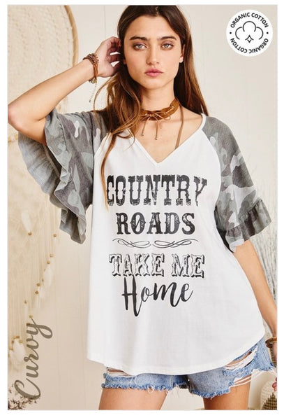 Camo Sleeve Country Roads Take Me Home Shirt Plus Size Rayne N' Faith Boutique