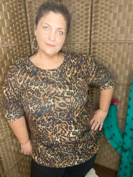 Leopard Sequin Short Sleeve Top