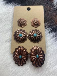 3 Three piece set copper concho studs with turquoise earrings