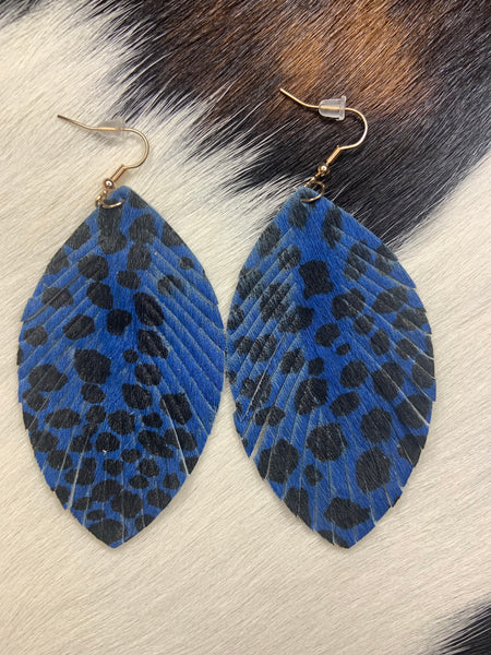 Blue Leather Fringe Dangle Earrings