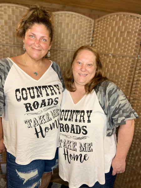 Short Ruffle Camp Sleeve Country Roads Take Me Home Shirt Plus Size