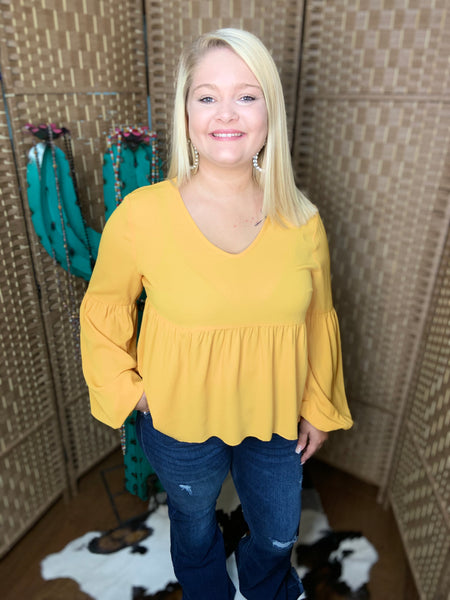 Scoop Neck Loose Peplum Solid Top Mustard