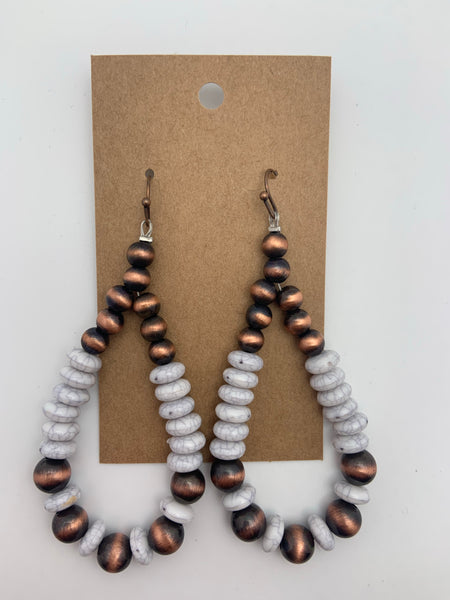 Copper Tear Drop Hoop Earrings with White Beads