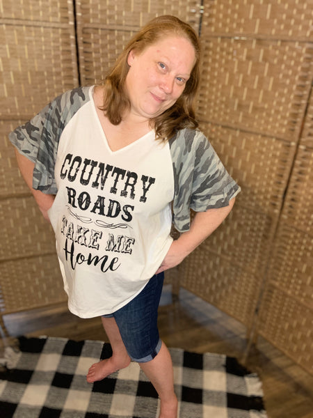 Short Ruffle Camp Sleeve Country Roads Take Me Home Shirt Plus Size