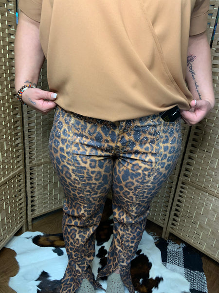 Women's Paneled Leopard Jeans With Rhinestones