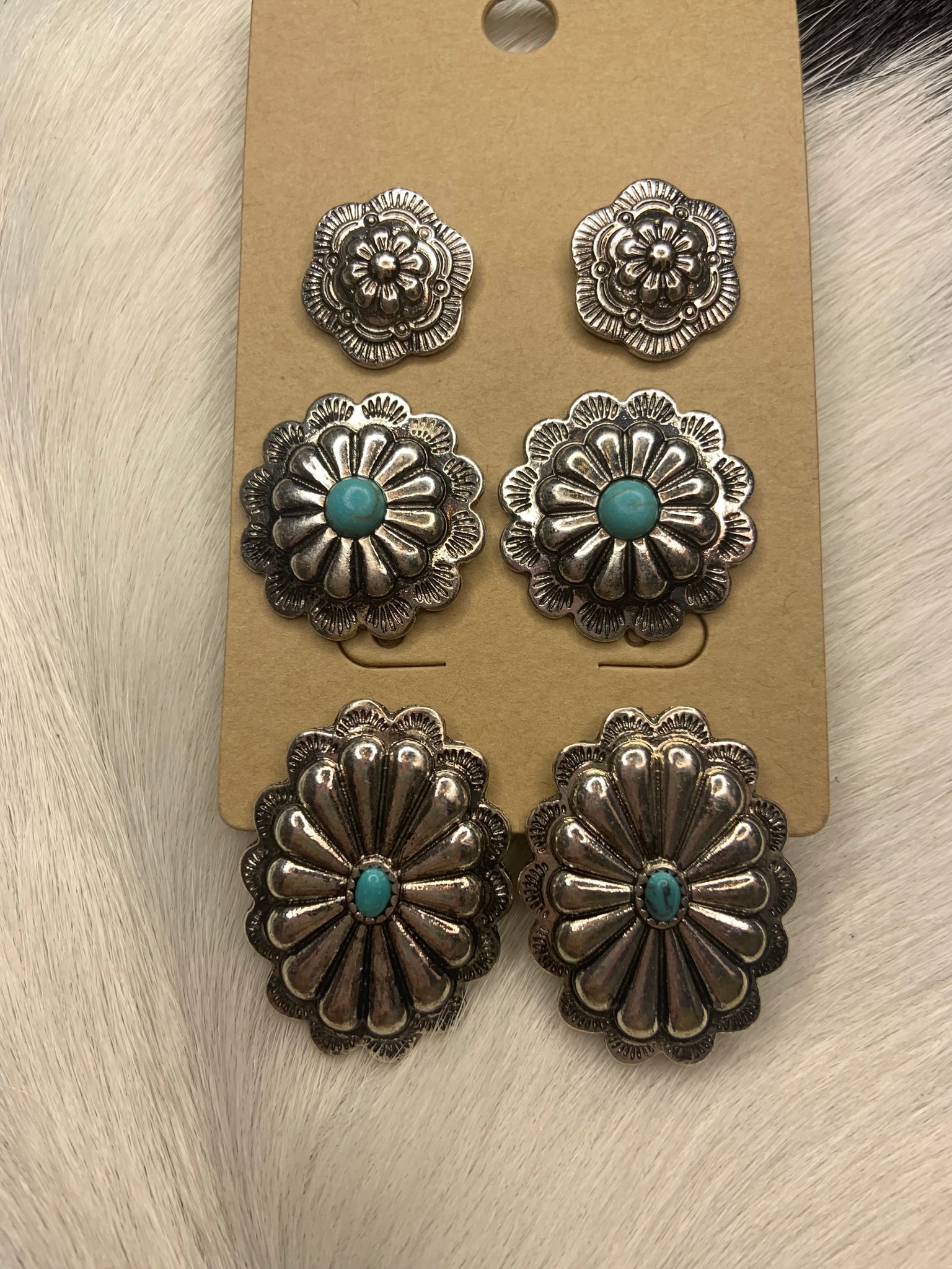 Three 3 piece set copper concho studs with turquoise earrings