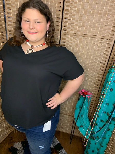 Plus Size Woven Dobby Rolled Sleeve V-Neck Top In Black.