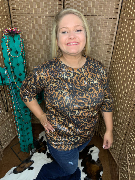 Leopard Sequin Short Sleeve Top