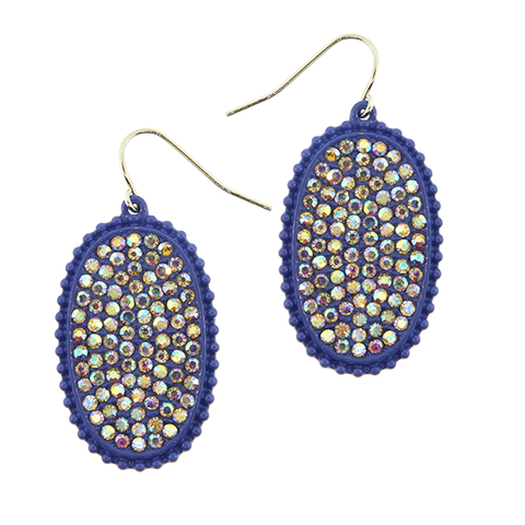 Oval Clear Rhinestone Fishhook Earrings with Blue Background