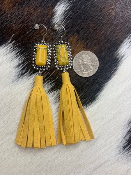 Navajo tassel dangle fishhook earrings mustard gold