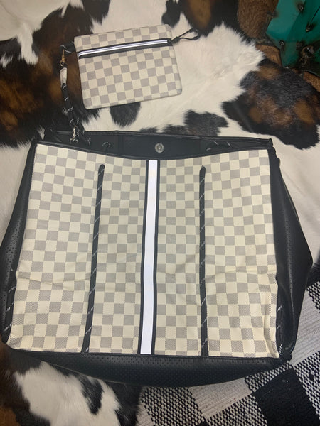 White and Gray Checkered Neoprene Bag and Wristlet