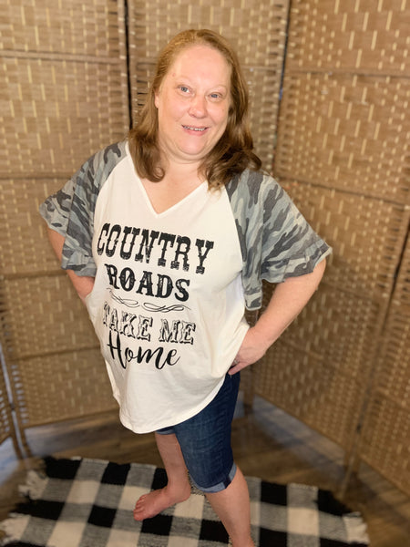 Short Ruffle Camp Sleeve Country Roads Take Me Home Shirt Plus Size