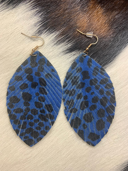 Blue Leather Fringe Dangle Earrings