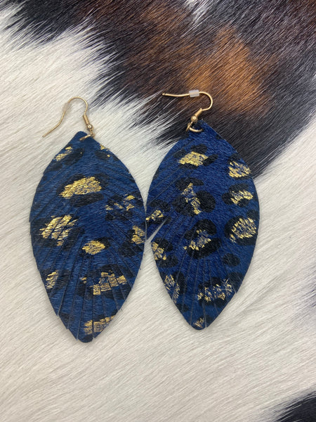 Blue and Gold Feather Fringe Leather Earrings