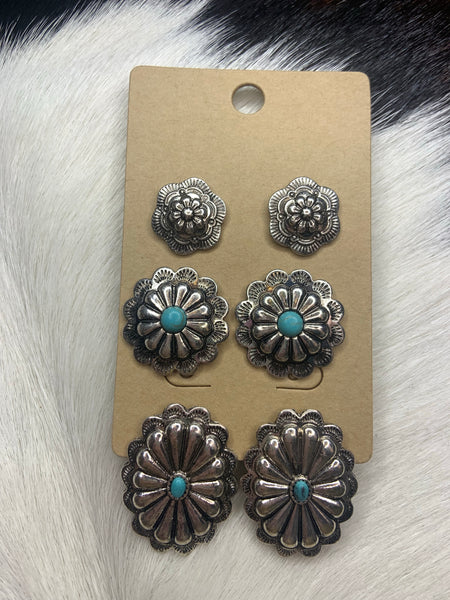 Three 3 piece set copper concho studs with turquoise earrings