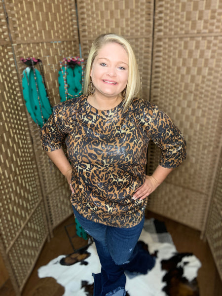 Leopard Sequin Short Sleeve Top