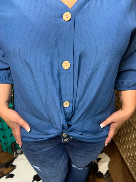 V Neck Button Down Solid Top with Stripe and Twist Front