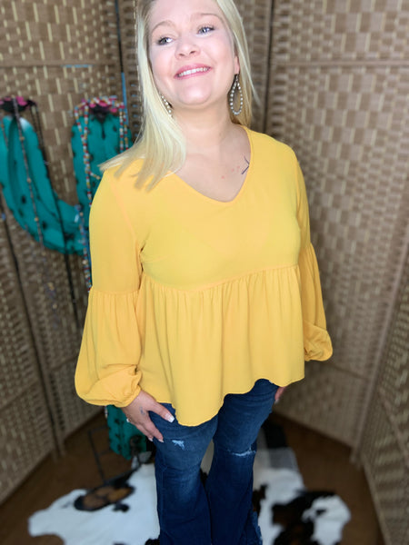 Scoop Neck Loose Peplum Solid Top Mustard