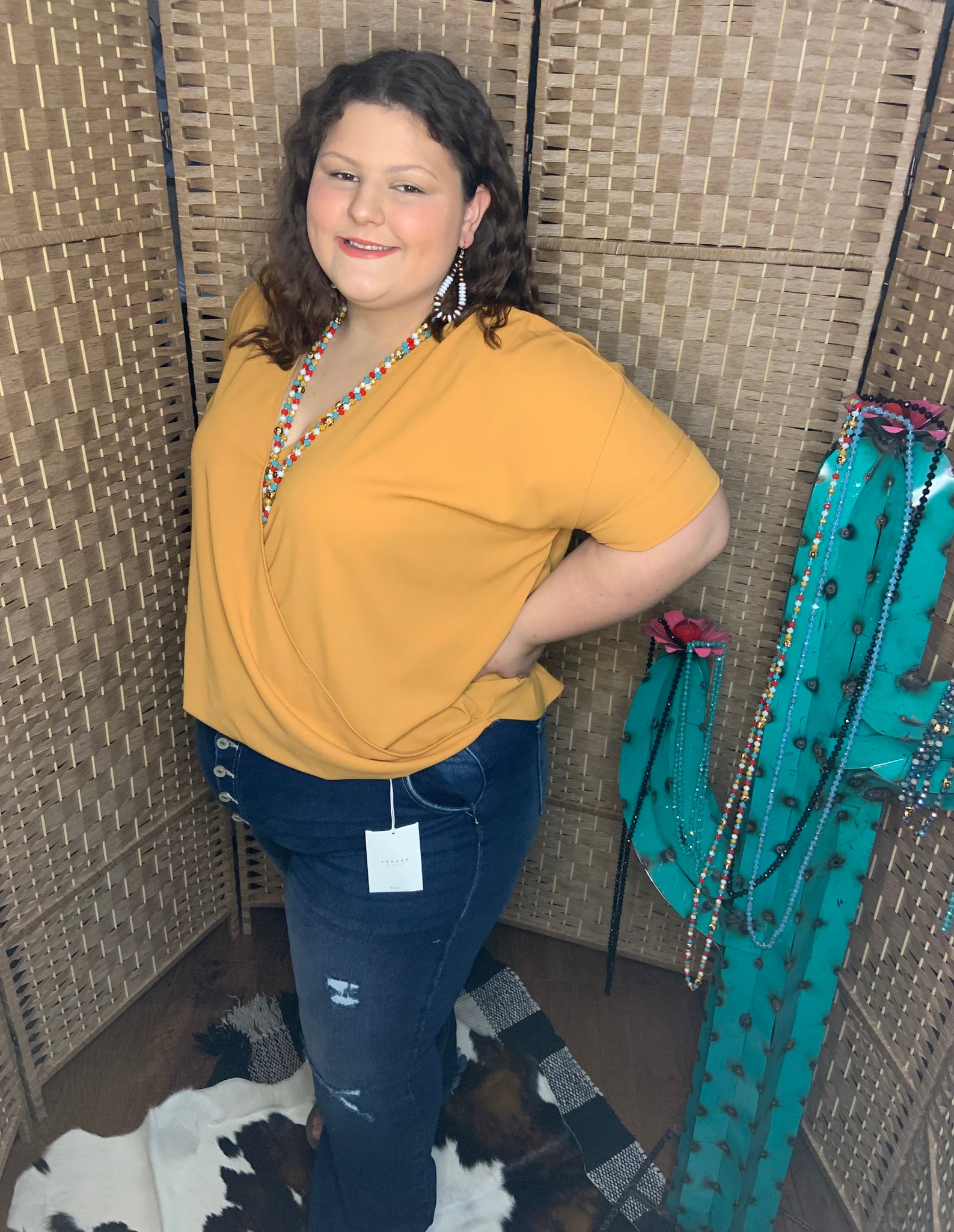 Plus Size Woven Dobby Layered Look Draped Front Top in Mustard