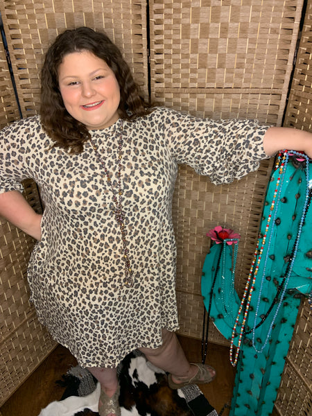 Plus Size Animal Print Balloon Sleeve Dress