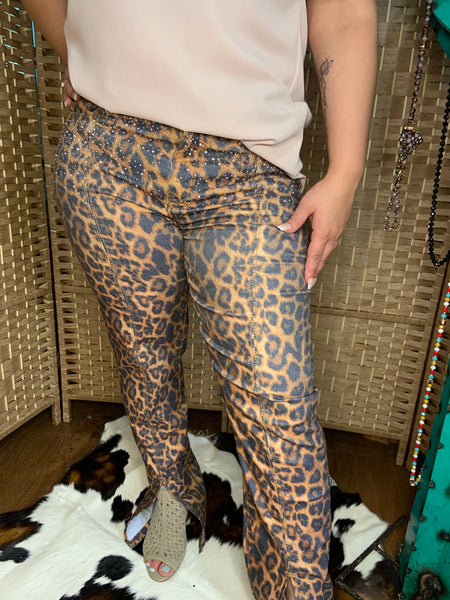 Women's Paneled Leopard Jeans With Rhinestones