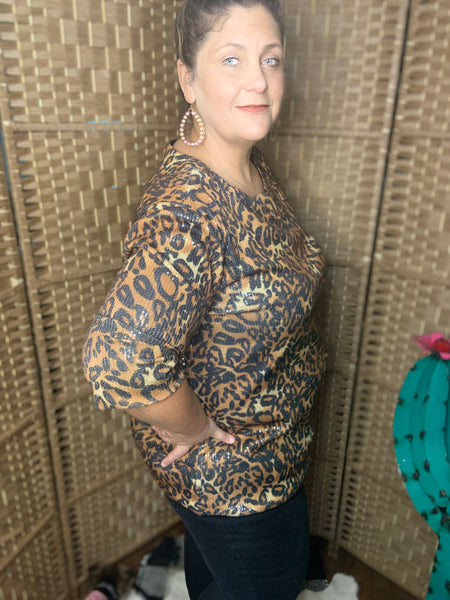 Leopard Sequin Short Sleeve Top