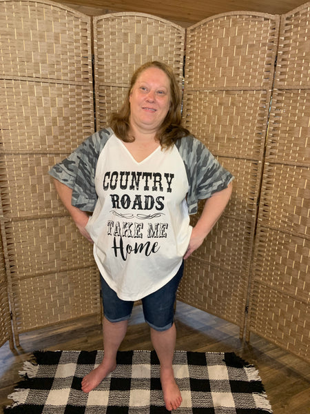 Short Ruffle Camp Sleeve Country Roads Take Me Home Shirt Plus Size